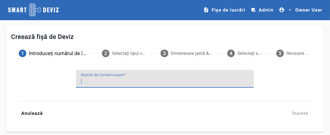 Ecran de creare fișă de service în Smart Deviz