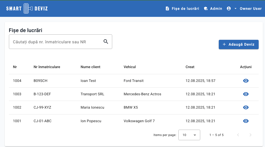 Panou cu fișe de service în Smart Deviz